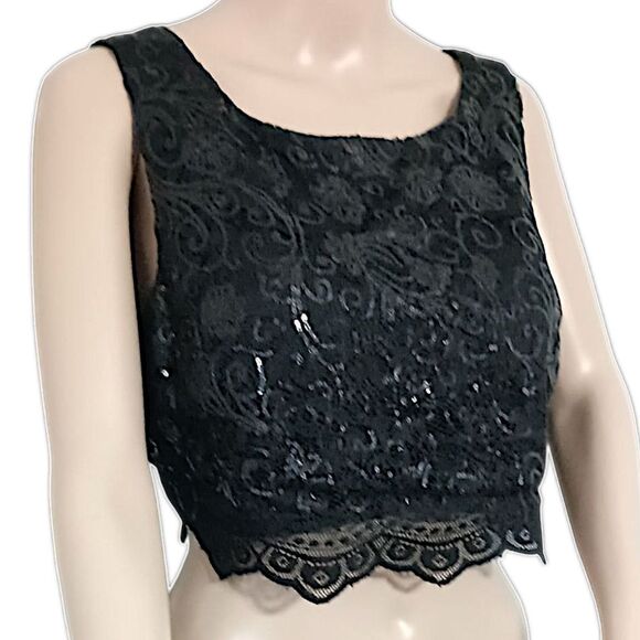 Lace Sequin Cropped Top Sz 13 L Black Romantic Witchy Goth Whimsigoth Sexy Bling - Picture 3 of 16